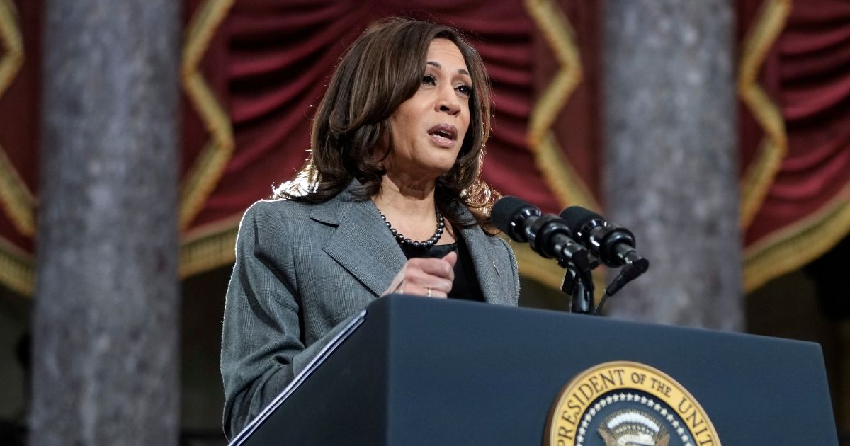 Vice President Kamala Harris delivers remarks on the one year anniversary of the Jan. 6 incursion into the U.S. Capitol, during a ceremony in Statuary Hall at the U.S. Capitol on Thursday in Washington, D.C.