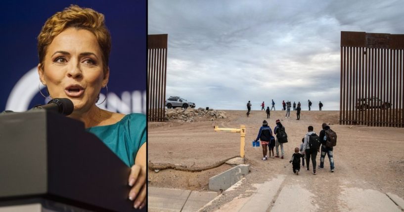 Arizona gubernatorial candidate Kari Lake speaks during a conference on July 24, 2021, in Phoenix. Illegal immigrants from Haiti walk through a gap in the border wall into the U.S. on Dec. 10, 2021, in Yuma, Arizona.