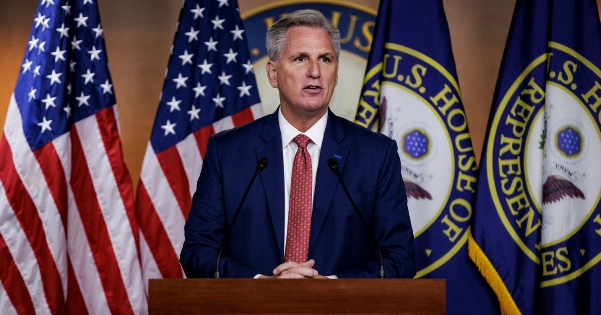 House Minority Leader Kevin McCarthy holds his weekly news conference in the Capitol Visitors Center at the U.S. Capitol on Oct. 28, 2021, in Washington, D.C.