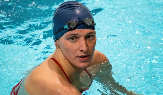 Lia Thomas, a transgender swimmer, finishes the 200 yard Freestyle for the University of Pennsylvania at an Ivy League swim meet against Harvard University in Cambridge, Massachusetts, on Saturday.