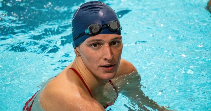 Lia Thomas, a transgender swimmer, finishes the 200 yard Freestyle for the University of Pennsylvania at an Ivy League swim meet against Harvard University in Cambridge, Massachusetts, on Saturday.