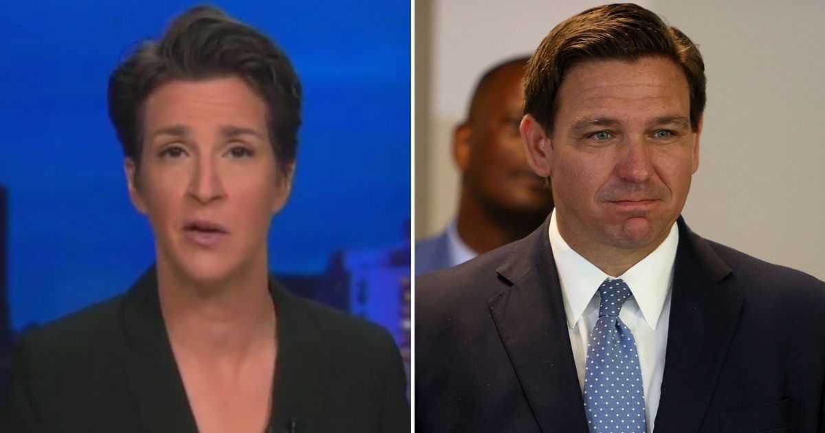 MSNBC host Rachel Maddow, left, reportedly made a drastic alteration to a quote regarding Florida Gov. Ron DeSantis' appointee for surgeon general, completely altering the context of the statement.