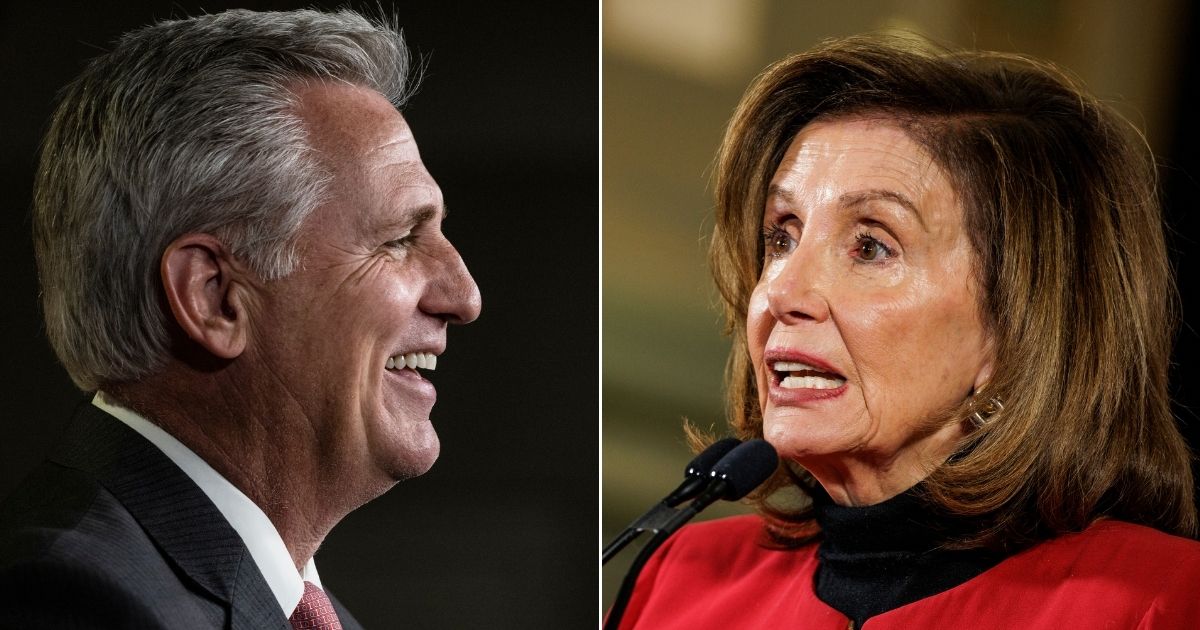 At left, House Minority Leader Kevin McCarthy speaks during a news conference at the U.S. Capitol in Washington on Nov. 12, 2020. At right, Speaker of the House Nancy Pelosi speaks during a news conference at Union Station in Washington on Monday.