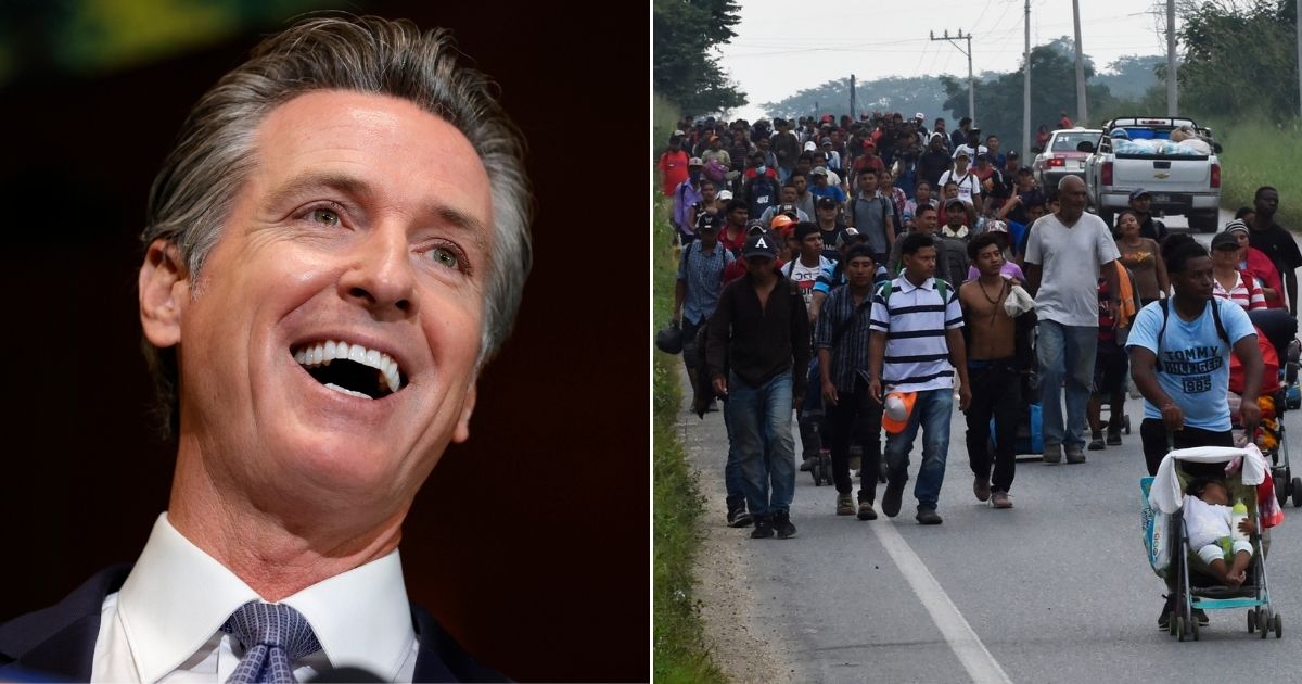 At left, Democratic Gov. Gavin Newsom speaks during a news conference at Kingston 11 Cuisine in Oakland, California, on Oct. 8. At right, migrants heading in a caravan to the United States walk on a road in Nuevo Morelos, Mexico, on Nov. 18.