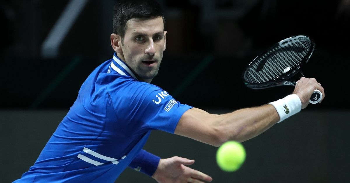 Novak Djokovic faces Marin Cilic in the Davis Cup semifinal match at Madrid Arena on Dec. 3, 2021, in Madrid.