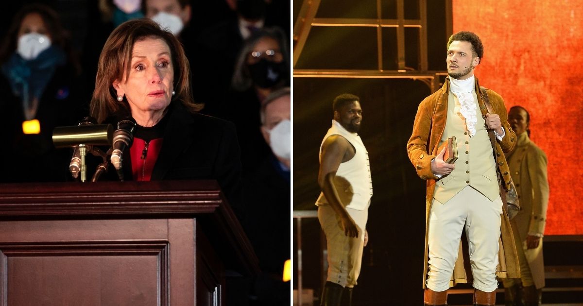 On the first anniversary of the Capitol incursion, House Speaker Nancy Pelosi, left, announced the cast of the Broadway musical "Hamilton" would be singing a song.
