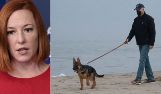 At left, White House press secretary Jen Psaki answers questions during the daily White House news briefing on Wednesday. At right, President Joe Biden walks his dog Commander on the beach while vacationing in Rehoboth Beach, Delaware, on Dec. 28.