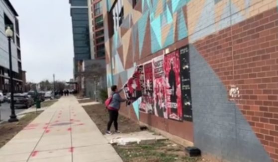 After a series of posters that criticized President Joe Biden appeared in Washington, D.C., a woman can be seen ripping them from the walls.