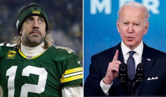 Green Bay Packers' quarterback Aaron Rodgers, left, made comments about President Joe Biden, right, and the CDC in an ESPN interview, after Biden told a Packers' fan in December "tell that quarterback he’s gotta get the vaccine."
