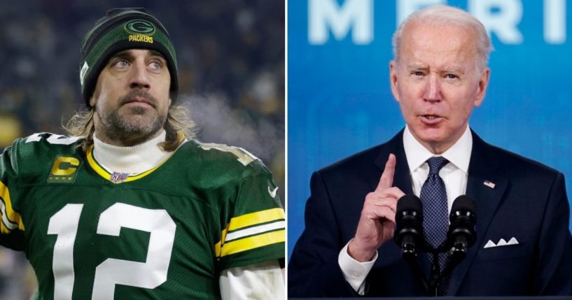 Green Bay Packers' quarterback Aaron Rodgers, left, made comments about President Joe Biden, right, and the CDC in an ESPN interview, after Biden told a Packers' fan in December 