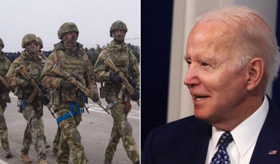 At left, Russian troops march at Fahrabad training ground in Tajikistan last year. At right, President Joe Biden speaks in the South Court Auditorium of the Eisenhower Executive Building in Washington on Dec. 24.