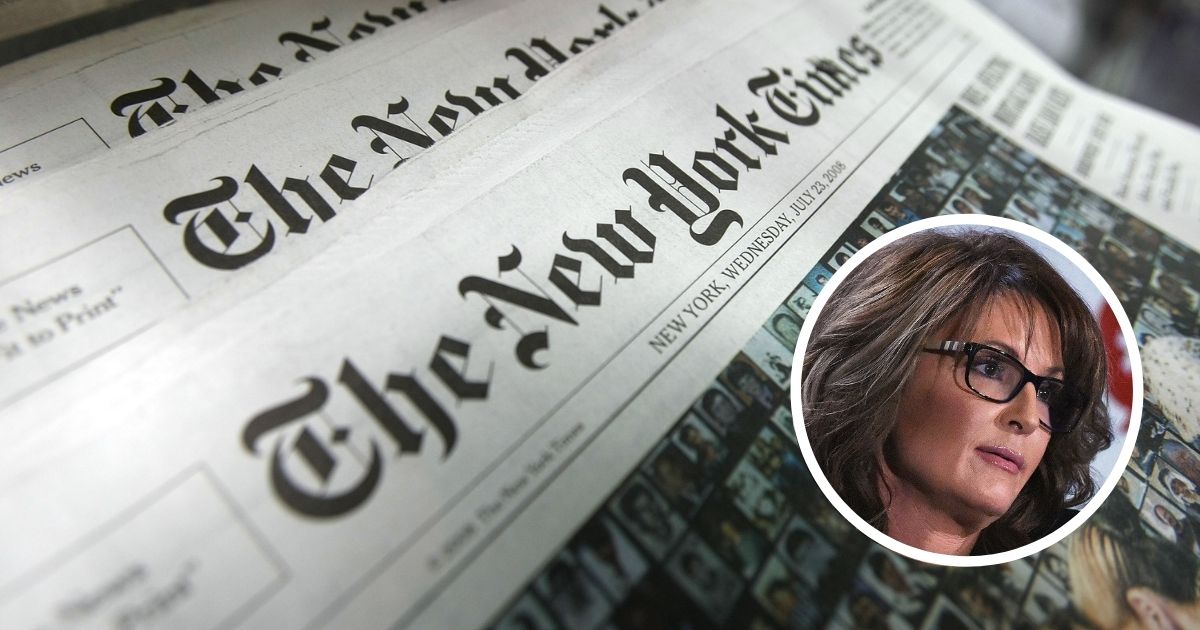 Copies of The New York Times sit for sale on a rack on July 23, 2008, in New York City. Sarah Palin speaks at Politicon at the Pasadena Convention Center on June 26, 2016, in Pasadena, California.
