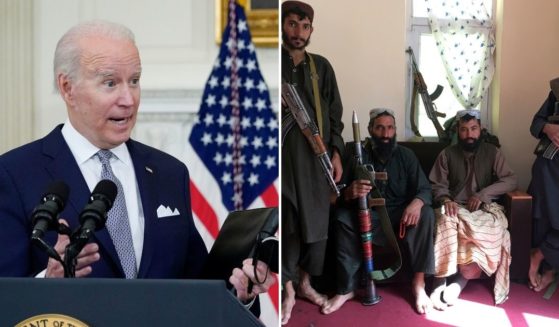 During ongoing talks between the United States and the newly established Afghan Taliban regime in Doha, Qatar, last month, the Taliban, whose soldiers can be seen pictured right, threatened to send 2,000 suicide bombers to Washington, D.C., in a move that has not drawn a response from President Joe Biden, left, and his administration.