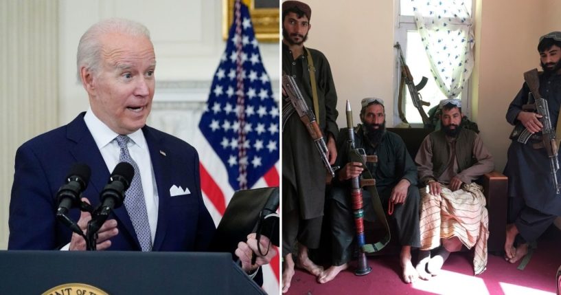 During ongoing talks between the United States and the newly established Afghan Taliban regime in Doha, Qatar, last month, the Taliban, whose soldiers can be seen pictured right, threatened to send 2,000 suicide bombers to Washington, D.C., in a move that has not drawn a response from President Joe Biden, left, and his administration.