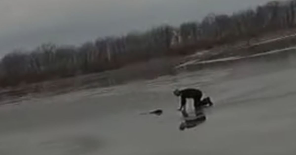 Footage from another police officer's bodycam shows Lewiston, New York, police officer Jon Smith rescuing the young dog, which fell through thin ice.