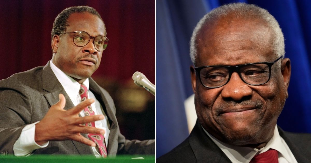 At left, then-Supreme Court nominee Clarence Thomas gestures during his confirmation hearings before the Senate Judiciary Committee in Washington on Sept. 10, 1991. At right, now-Justice Thomas speaks at the Heritage Foundation in Washington on Oct. 21.