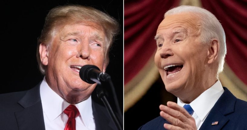 Former President Donald Trump, left, fired back at President Joe Biden, right, over his speech Thursday marking the one-year anniversary of the Jan. 6, 2021, incursion of the Capitol.