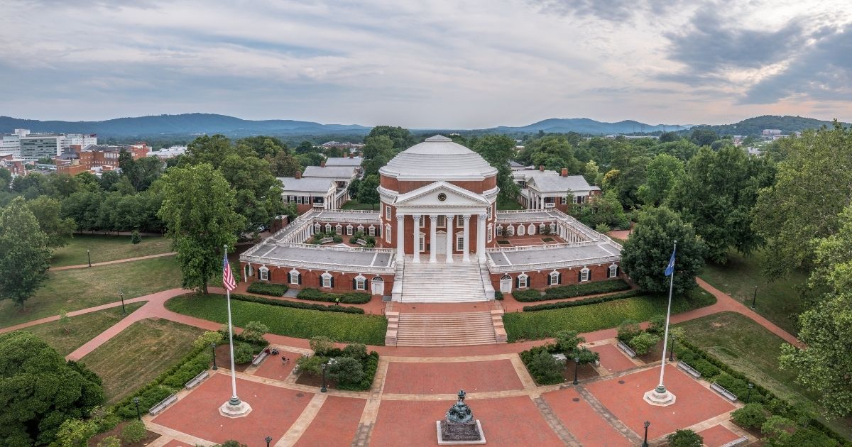 An aerial view of the Rotunda on the campus of the University of Virginia in Charlottesville.