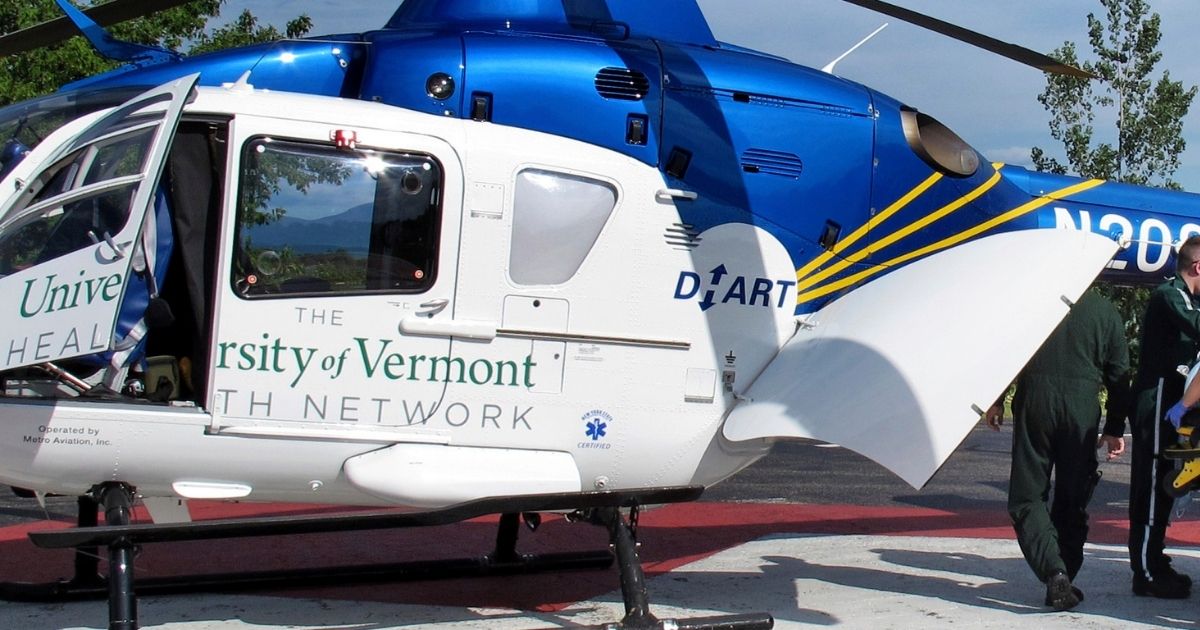 An air ambulance, similar to the one that crashed outside of Philadelphia on Tuesday, is at the University of Vermont Medical Center in Burlington, Vermont, offloading a patient on Aug. 23. 2018.