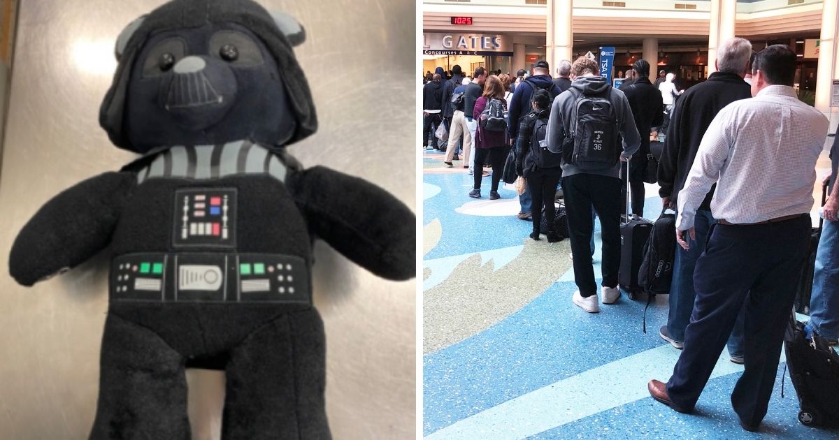 Left: Teddy bear shaped like Darth Vader; right, stock photo of an airport securit line.