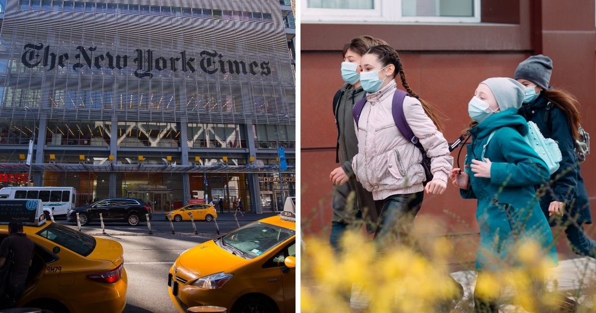 Left: The New York Times building in Manhattan; right; children wearing masks.