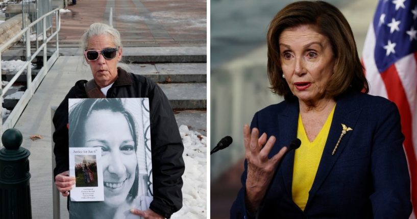 Left: Micki Withoeft, whose daughter, Ashli Babbit, was shot to death by a Capitol Police officer Jan. 6, 2021, holds a photograph of her daughter on Thursday on Capitol Hill. Right: House Speaker Nancy Pelosi in a Dec. 15 file photo.