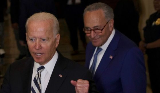President Joe Biden gestures with his fists while Senate Majority Leader Chuck Schumer grins in a file photo from July at the Capitol.