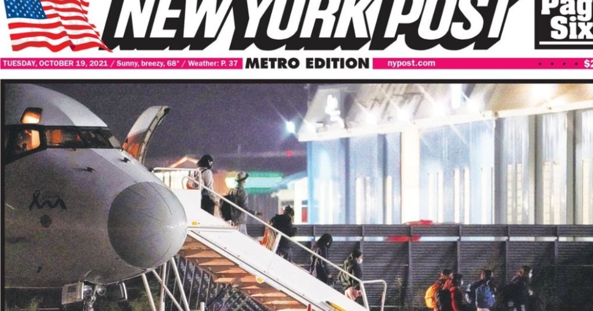 The New York Post front page is shown on Oct. 19, 2021. Below the picture was the main headline 'BIDEN'S SECRET FLIGHTS,' and to the side of that was a secondary headline that said: 'Unaccompanied migrant kids land in Westchester in dead of night.' Pennsylvania Republican state Sen. Doug Mastriano says illegal immigrants are being flown to multiple places throughout the country, including his own state.