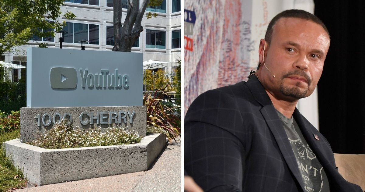 Left: A sign outside YouTube heaquarters in San Bruno, California. Right, conservative media personality Dan Bongino.