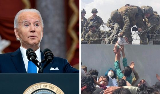 President Joe Biden, left; desperate mob at Kabul airport in August, right.