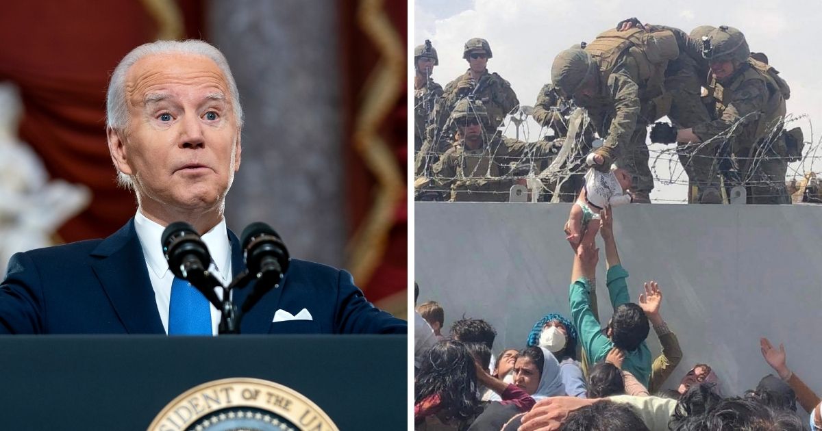 President Joe Biden, left; desperate mob at Kabul airport in August, right.