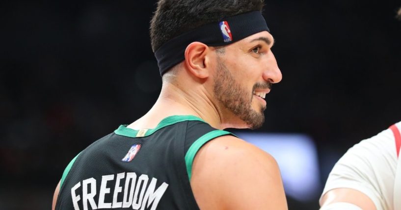 Boston Celtics center Enes Kanter Freedom looks on during a game against the Portland Trail Blazers in Portland, Oregon, on Dec. 4, 2021. Kanter Freedom is a political activist from Turkey who has been an outspoken critic of China.