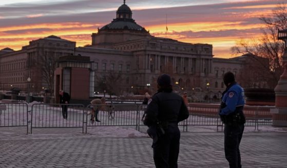 Capitol Police officers are pictured outside the Capitol on the one-year anniversary of the Jan. 6 Capitol incursion.