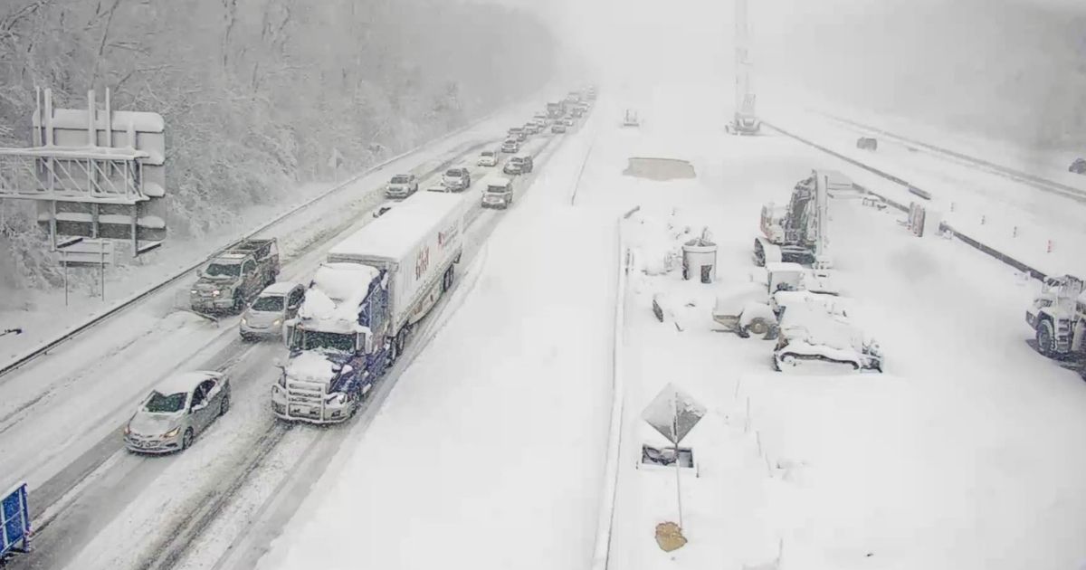 This image provided by the Virginia Department of Transportation shows a closed section of Interstate 95 near Fredericksburg, Virginia, on Monday. Both northbound and southbound sections of the highway were closed due to snow and ice.
