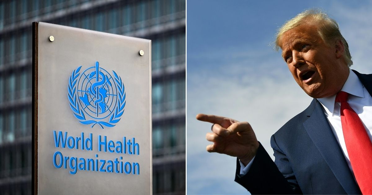 At left, a sign is seen at the World Health Organization's headquarters in Geneva on Dec. 7. At right, then-President Donald Trump gestures on arrival at Sky Harbor International Airport in Phoenix on Oct. 19, 2020.