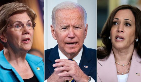 President Joe Biden, center, was responsible for most of the fact checks on the list, but Democratic Sen. Elizabeth Warren of Massachusetts, left, and Vice President Kamala Harris, right, also contributed.