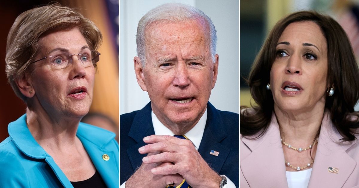 President Joe Biden, center, was responsible for most of the fact checks on the list, but Democratic Sen. Elizabeth Warren of Massachusetts, left, and Vice President Kamala Harris, right, also contributed.