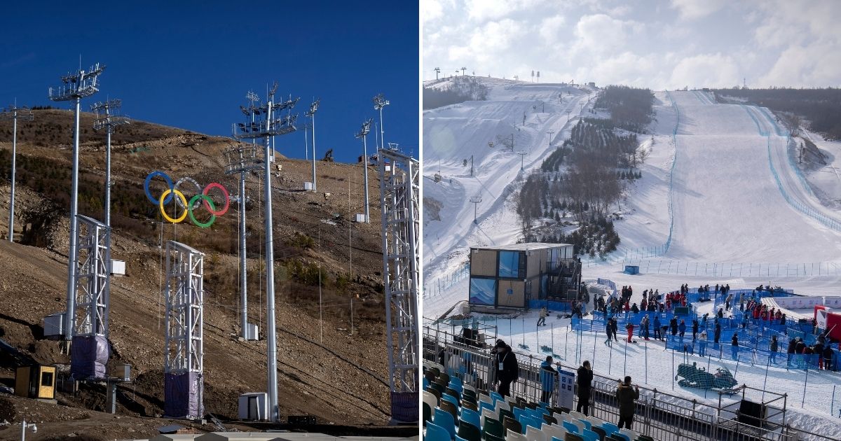 The Zhangjiakou Genting Snow Park in Hebei Province, China, is pictured barren on the left on Nov. 26, 2021 and covered in fake snow on the right on Nov. 28, 2021. The snow park will host the freestyle skiing and snowboard competition for the 2022 Winter Olympics.