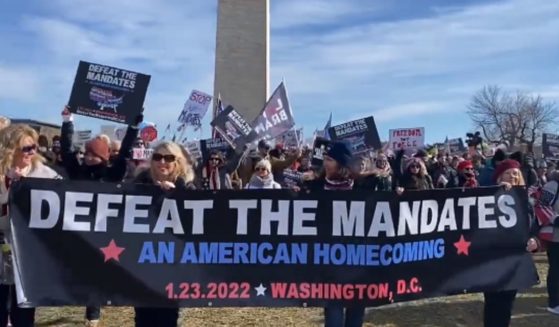 Protesters carry a large "Defeate the Mandates" sign at a rally Sunday in Washington.