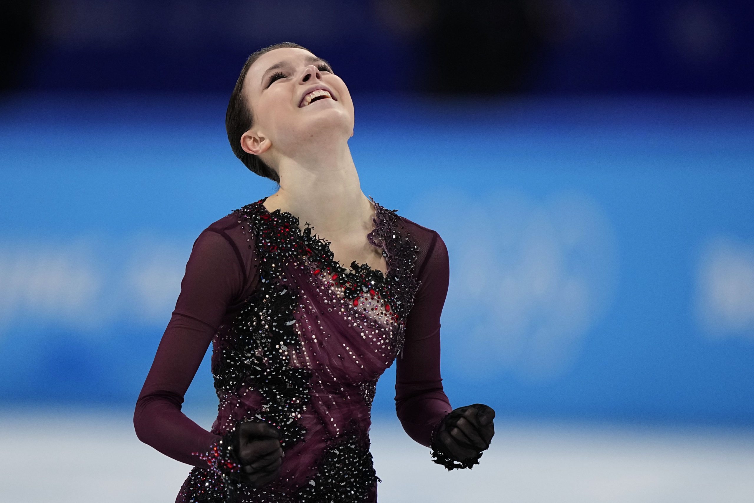 Anna Shcherbakova, of the Russian Olympic Committee, reacts after competing in the women's free skate program during the figure skating competition at the Beijing 2022 Winter Olympics on Thursday.