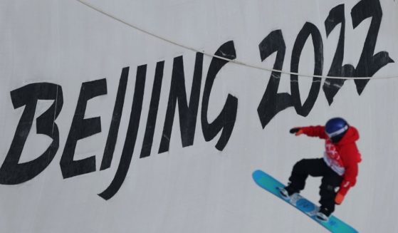 A 'Beijing 2022' sign is seen during the women's snowboard halfpipe qualification during the 2022 Beijing Winter Olympic Games on Wednesday in Zhangjiakou, China.