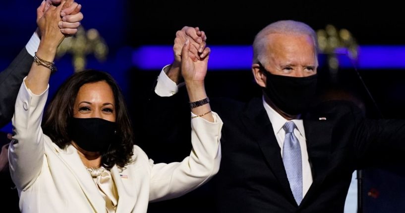 On Nov. 7, 2020, Kamala Harris, left, and Joe Biden, right, celebrate their election victory in Wilmington, Delaware.