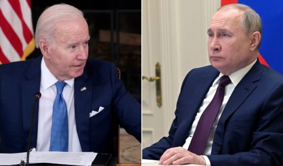 At left, President Joe Biden speaks during a meeting in the State Dining Room of the White House in Washington on Feb. 9. At right, Russian President Vladimir Putin watches a military exercise from the situational center of the Russian Defense Ministry in Moscow on Saturday.