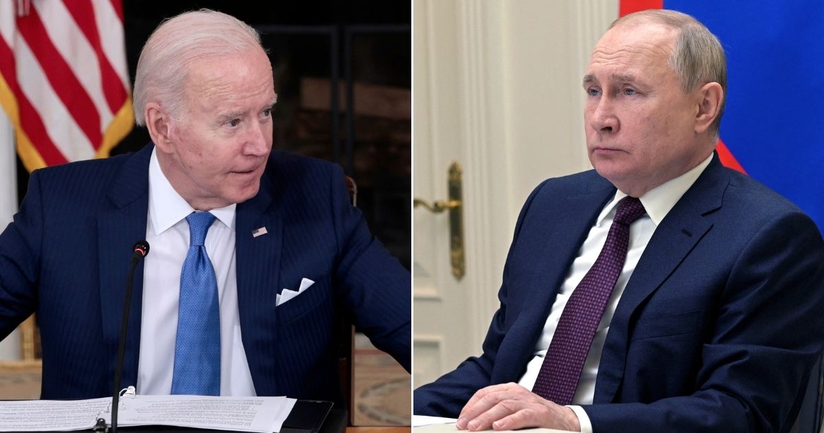 At left, President Joe Biden speaks during a meeting in the State Dining Room of the White House in Washington on Feb. 9. At right, Russian President Vladimir Putin watches a military exercise from the situational center of the Russian Defense Ministry in Moscow on Saturday.