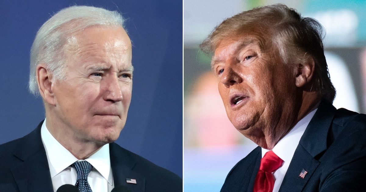 At left, President Joe Biden speaks at the National Association of Counties Legislative Conference at the Washington Hilton in Washington on Tuesday. At right, former President Donald Trump speaks at a rally in Perry, Georgia, on Sept. 25.