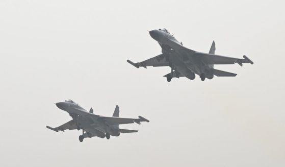 Two Chinese fighter jets take off for a live-fire air battle training exercise on Jan. 7.