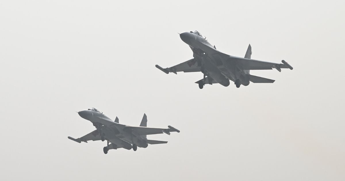 Two Chinese fighter jets take off for a live-fire air battle training exercise on Jan. 7.