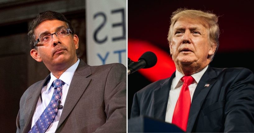 Former President Donald Trump, right, touted the release of a trailer for conservative filmmaker Dinesh D'Souza's latest project, "2,000 Mules."