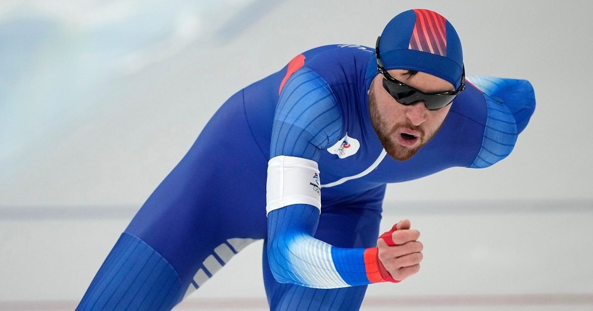 Daniil Aldoshkin, a speedskater for the Russian Olympic Committee, skated in the 1,500-meter competition at the Beijing Winter Olympics on Feb. 8.