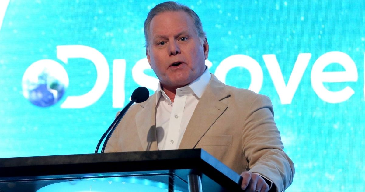 David Zaslav, then-president and CEO of Discovery, gives a speech at the Discovery Network TCA 2020 Winter Press Tour in Pasadena, California, on Jan. 16, 2020.
